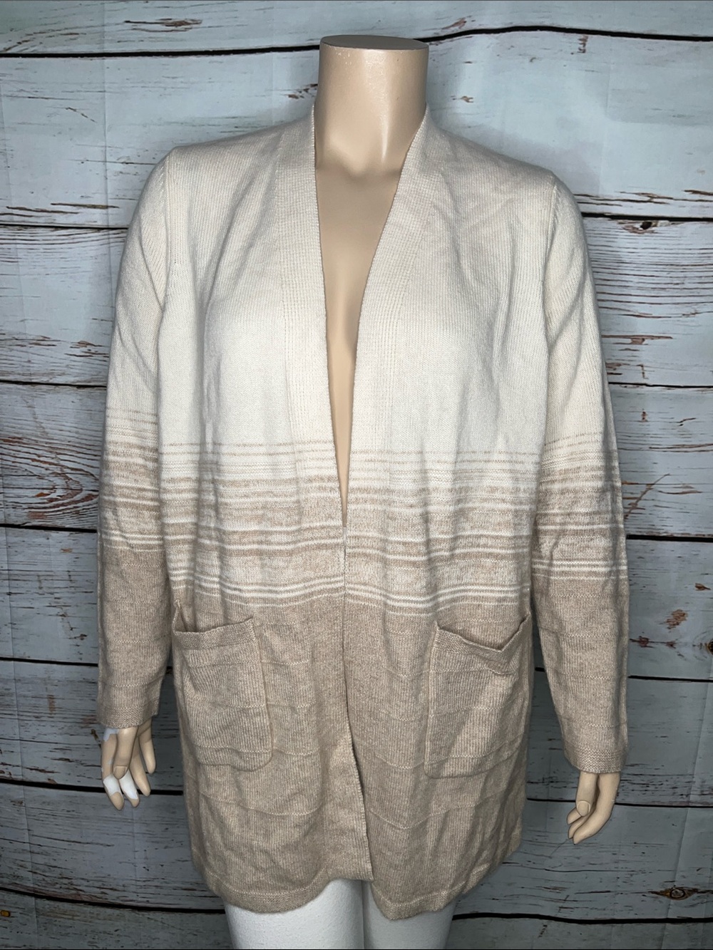 Isaac Mizrahi NWOT Sz XL Tan & Cream Ombré Open Front Cashmere Sweater Cardigan